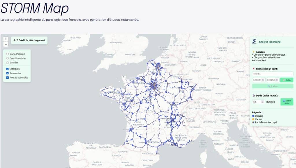 Storm Map génère en quelques minutes des analyses de marché en immobilier logistique depuis n’importe quel lieu en France. © Storm