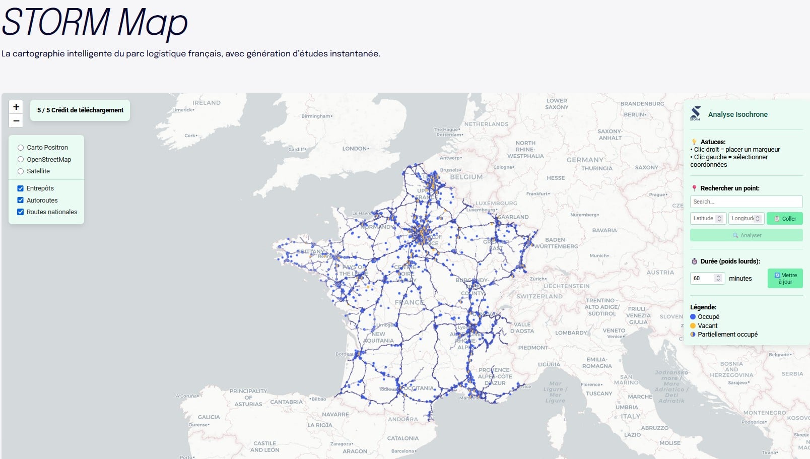 Storm Map génère en quelques minutes des analyses de marché en immobilier logistique depuis n’importe quel lieu en France. © Storm