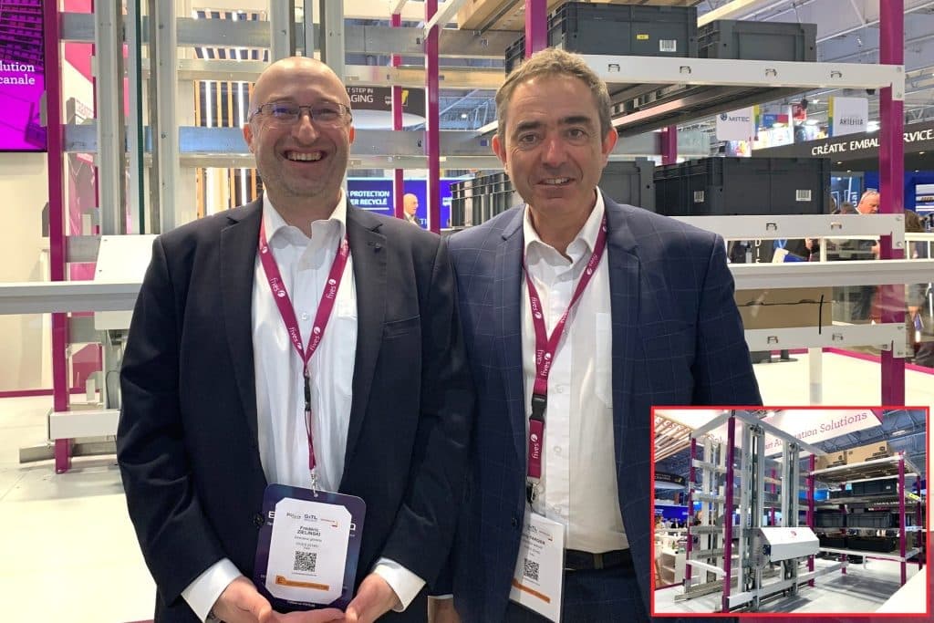 De g. à d., Frédéric Zielinski, directeur général de Fives Intralogistics SAS, et Rémy Fargier, directeur exécutif de Fives Xcella, avec en médaillon, la solution Luci-Flow. ©A.Dias