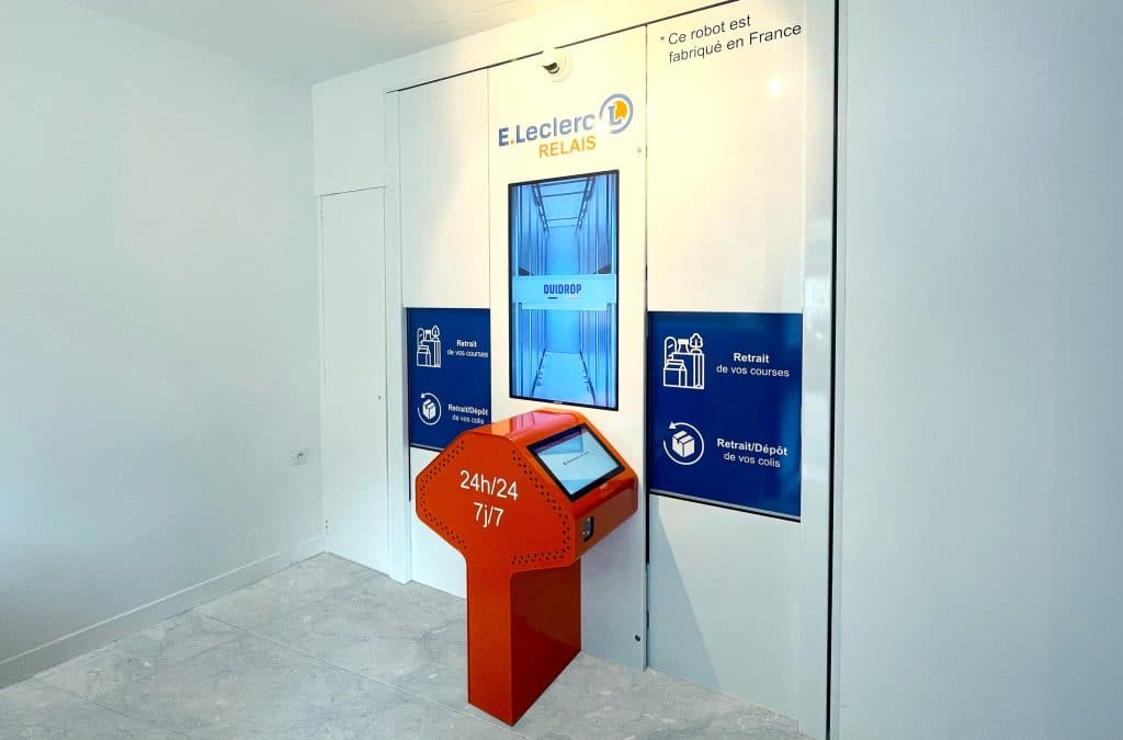 Un système Dropper de Ouidrop vu du client, ici dans un drive Leclerc, sachant qu’une douzaine d’adhérents de l’enseigne s’en sont déjà doté. ©Ouidrop