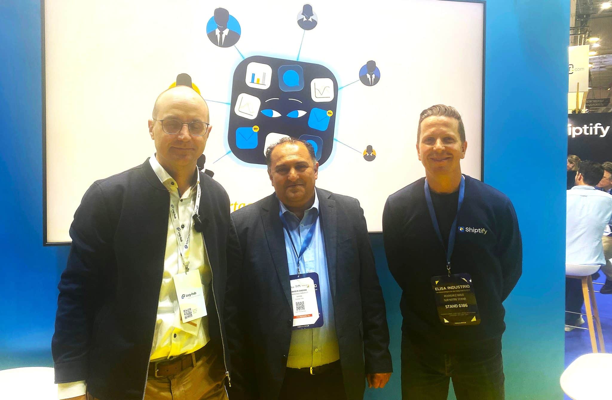 Jan Sigmund, le CEO de Log-hub, Hayder Saidani (Safran) et Yoann Douillard, responsable Grands Comptes chez Shiptify à l’issue de la conférence sur le stand Shiptify, mercredi au SITL. © J.-L. Rognon