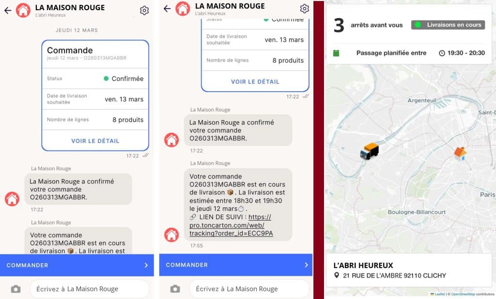 Vue de l’application Choco côté client final sur la partie commande (à g.) et lien de suivi Toncarton (à d.). © Toncarton