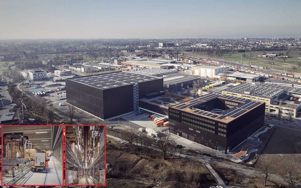 Inauguré il y a quelques jours, le nouveau site de Gebrüder Weiss comprend un entrepôt automatisé grande hauteur équipé de 13 transstockeurs et de 33 chariots de transfert de charges sur rails (photos en médaillon). ©Gebrüder Weiss/Darko Todorovic