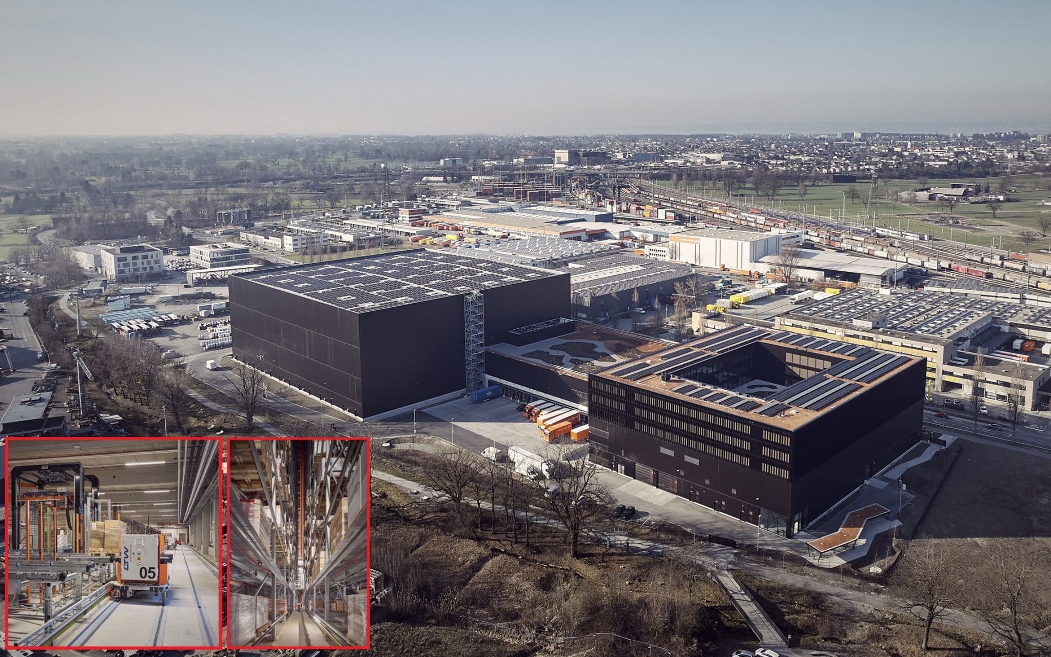 Inauguré il y a quelques jours, le nouveau site de Gebrüder Weiss comprend un entrepôt automatisé grande hauteur équipé de 13 transstockeurs et de 33 chariots de transfert de charges sur rails (photos en médaillon). ©Gebrüder Weiss/Darko Todorovic