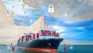 Concept de perturbation du commerce mondial avec des porte-conteneurs empêchés d’entrer ou de sortir du détroit d’Ormuz. Blocus maritime et tensions géopolitiques affectant la chaîne d’approvisionnement internationale et les routes maritimes commerciales.